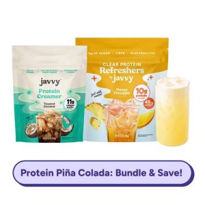 Javvy Protein Piña Colada TikTok Exclusive Bundle - Mango Pineapple Clear Protein Refresher + Toasted Coconut Collagen Protein Creamer - 10g + 11g Protein, 45mg Caffeine, 0g Sugar, Fiber, Electrolytes & MCTs, Naturally Flavored, Just Add Water