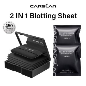 CARSLAN Black Magnet Oil Blotting Setting Sheet With Powder More Control Oil Keep Fresh 2 IN 1 Blotting Sheet with Mirror Puff & Recyclable Case, 450 Sheets 1 Box 2 Refills, Oil Sucker Blotting Paper, For Touch Up