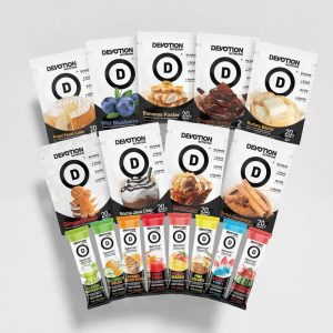 Devotion Nutrition - Totally Devoted Starter Pack, 8 Single-Serve Protein Powder Packets, 8 Hydroflex Hydration Stick Packs