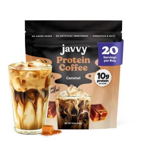 Javvy Caramel Protein Iced Coffee Beverage - Pre-Packaged Instant Coffee, Premium Whey Protein, Arabica Beans Natural Blend, 100% Natural Cold Brew, 0 Additives, 0 Artificial Flavors/Sweeteners, 80mg Caffeine, No Added Sugar, 20 Servings
