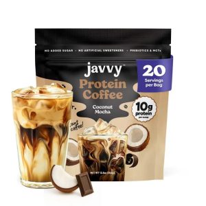 Javvy Coconut Mocha Protein Iced Coffee - Premium Whey Protein & Instant Iced Coffees - 100% Natural Cold Brew - Zero Artificial Flavors & Sweeteners, 80 mg Caffeine, No Added Sugar, 20 Servings