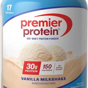Premier Protein Powder, Vanilla Milkshake, 30g Protein, 1g Sugar, 100% Whey Protein, Keto Friendly, No Soy Ingredients, Gluten Free, 17 Servings, 23.3 Ounces