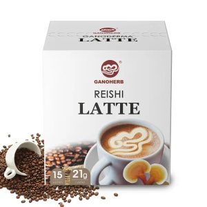 GANOHERB Reishi Latte coffee-15 sachets (11.1 oz),6 adaptogens.Expertly crafted from select coffee beans and milk,this drink offers a rich,smooth flavor.Gluten-free and free from additives,it provides a boost of energy and enhanced focus.