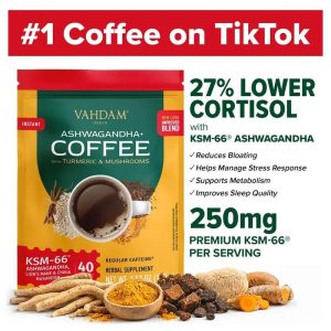 VAHDAM Premium Arabica Blend Mushroom Instant Coffee - KSM-66 Ashwagandha, 95% Curcuminoids Turmeric, Lion's Mane, Chaga - 40 Servings (Food & Beverage)