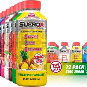 SueroX Zero Sugar Electrolyte Drink Supreme 12 Pack: Wondermelon, Pineapple, Orange, Blueberry, Grape, Strawberry, Coconut, Lemon, Berry. Beverage Sugar-Free Hydration, Energy & Recovery with 8 Ions & Electrolytes. Sports Drink, 21.3 Fl Oz.