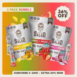 Salud 2-in-1 [Energy + Focus - Trio] Clean Energy Drink Mix, Agua Fresca, Organic Caffeine, B6 & B12, L-Theanine, Non-GMO, Gluten Free, Vegan, 1g Sugar (3-Pack, 45 Servings)