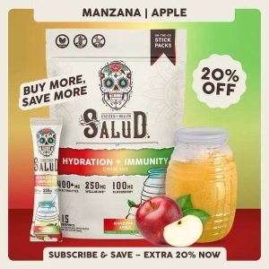 Salud 2-in-1 [Hydration + Immunity - Manzana | Apple] Agua Fresca Drink Mix, Elderberry, Dairy & Soy Free, Non-GMO, Gluten Free, Vegan, Low Calorie, 1g Sugar (15 Servings)