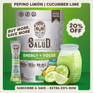 Salud 2-in-1 [Energy + Focus] Clean Energy Drink Mix, Agua Fresca, Organic Caffeine, B6 & B12, L-Theanine, Drink Packets, Non-GMO, Gluten Free, Vegan, Low Calorie, 1g Sugar (15 Servings)