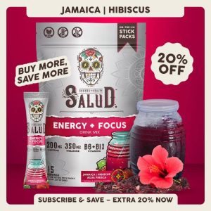 Salud 2-in-1 [Energy + Focus - Jamaica | Hibiscus] Clean Energy Drink Mix, Agua Fresca, Organic Caffeine, B6 & B12, L-Theanine, Drink Packets, Non-GMO, Gluten Free, Vegan, Low Calorie, 1g Sugar (15 Servings)